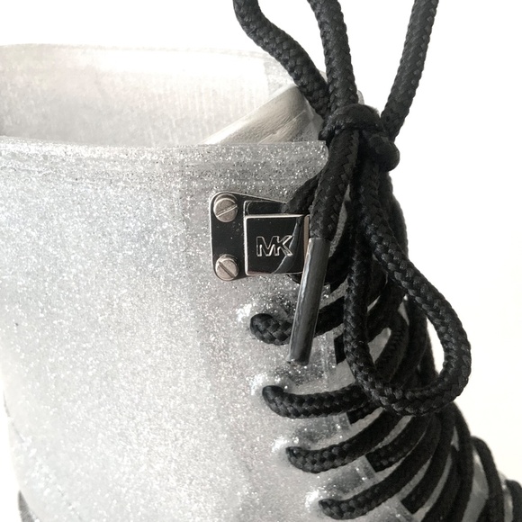 MICHAEL KORS Tavie Silver Logo Tape Lug Sole Lace-Up Rain Bootie Fashion Boots 8 - Picture 15 of 16